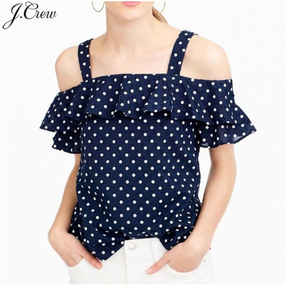 J. Crew Ruffle Cold Shoulder Top Navy Polka Dot G3830 Size 12